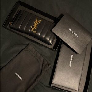 Saint Laurent Black Quilted Leather Zip Wallet with Gold YSL Emblem